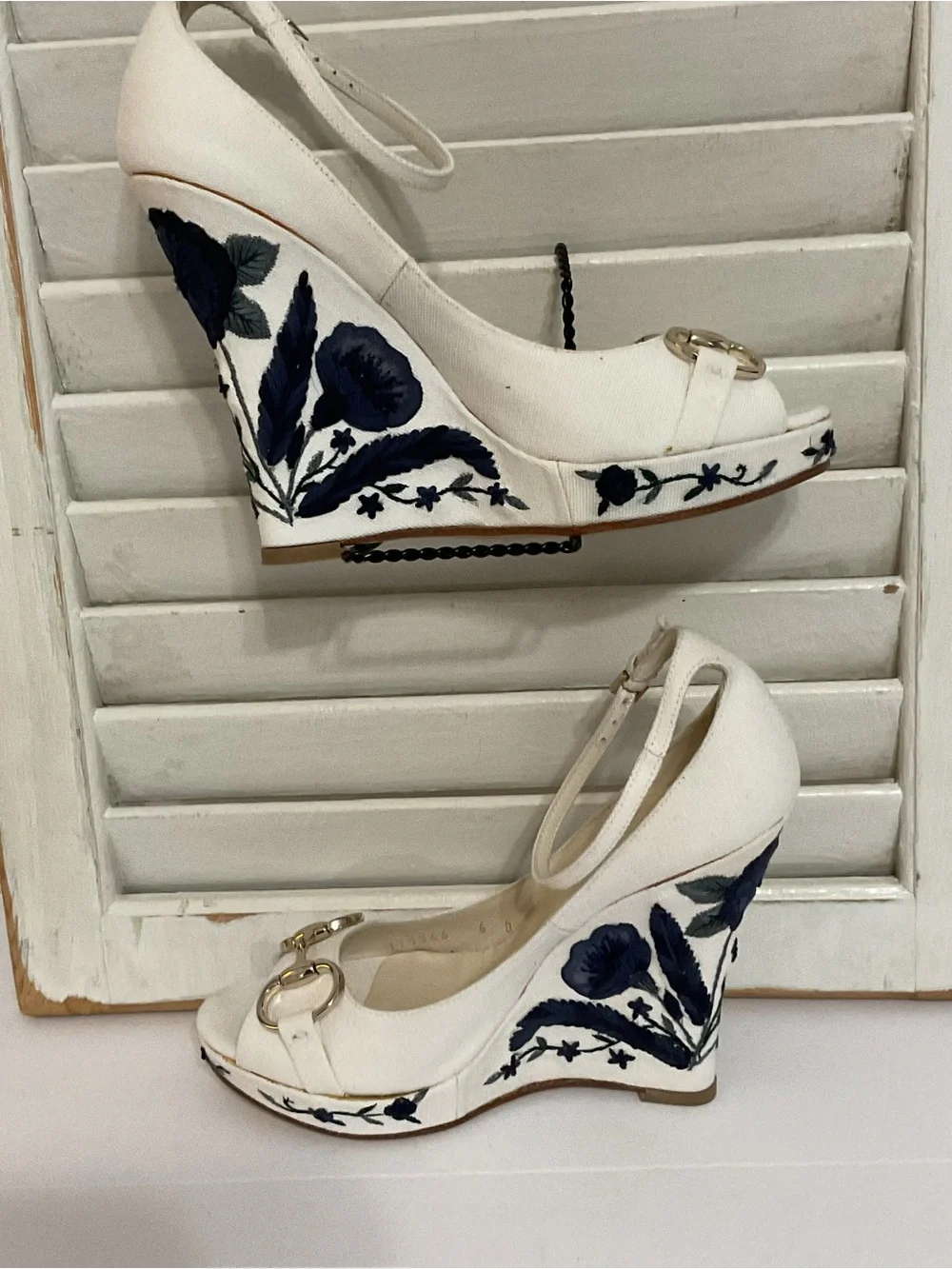 Gucci Horsebit Canvas Wedge with Embroidered Heels